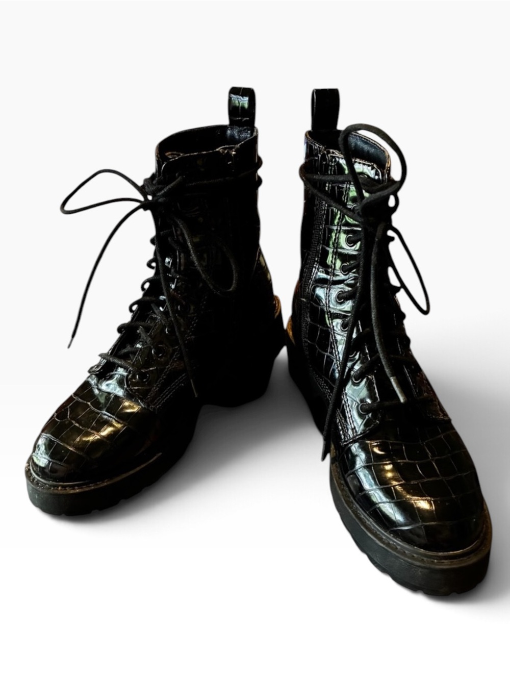 Steve Madden Platform Black Croc-Embossed Lace-Up Combat Boots 8.5